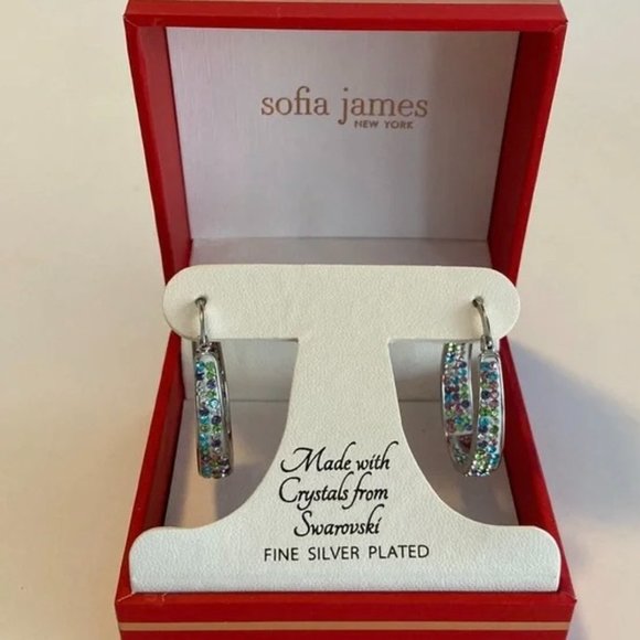 Swarovski Fine Silver Hoop Earrings Silver Plated Sofia James New York - Picture 2 of 5